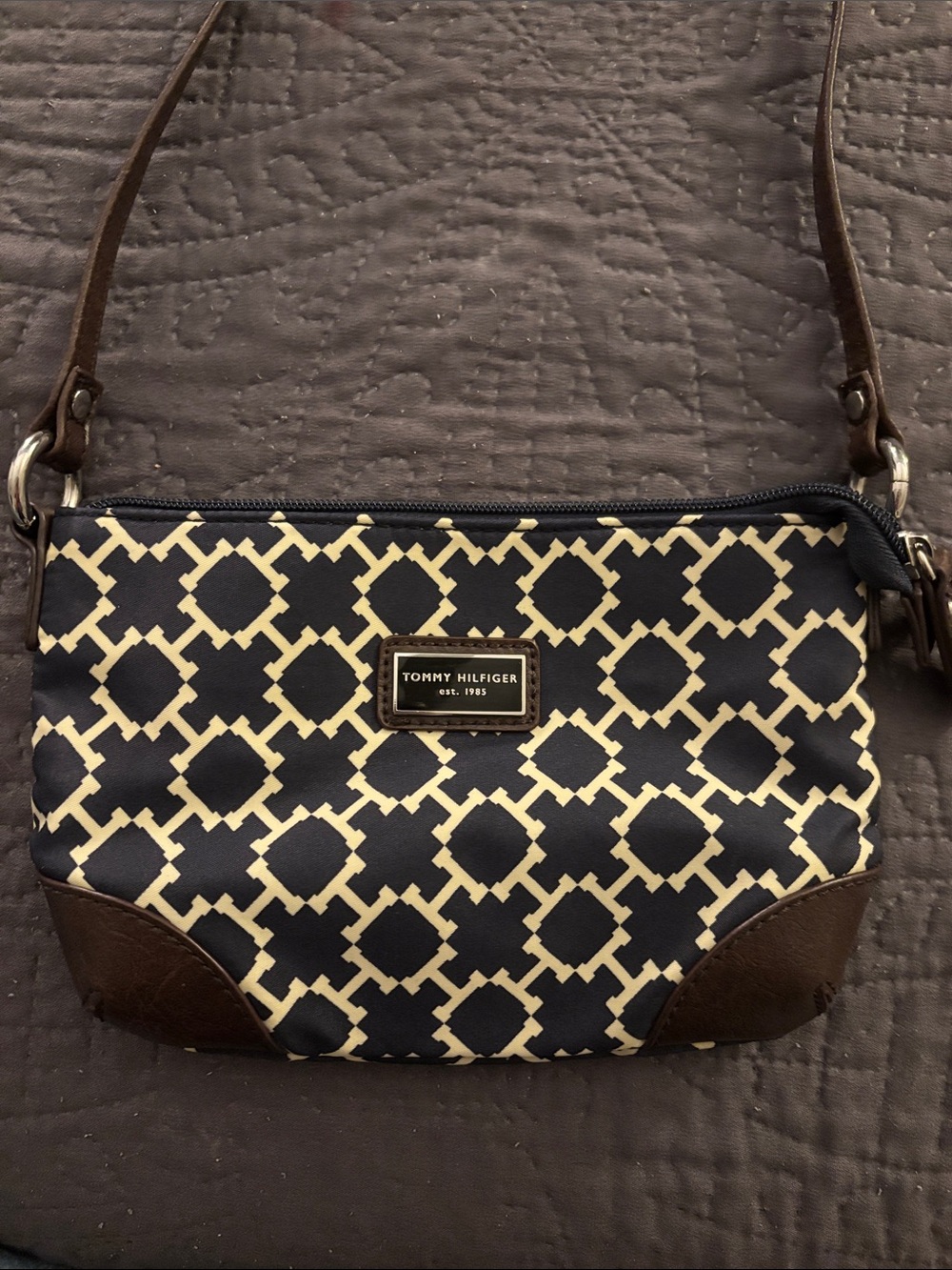 Tommy Hilfiger Navy & Cream Geometric Crossbody with Brown Strap